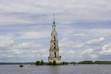 Campanile flooded on the river Volga. Russia. Kalyasin