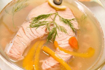 tasty salmon soup with vegetables