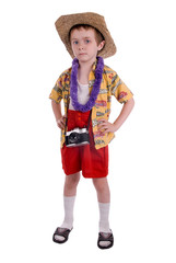 young boy dressed as a funny tropical tourist