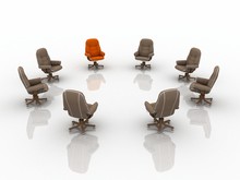 3d Concept. Brown Armchairs And One Leader On Red Armchair