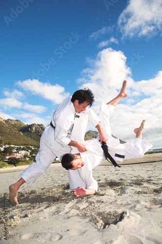 Αφίσα Men with black belt practicing fighting on the beach