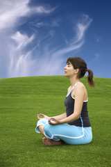 Wall Mural - Beautiful athletic woman making yoga on a beautiful green meadow