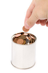 Sticker - coins and can with white background, concept of Savings