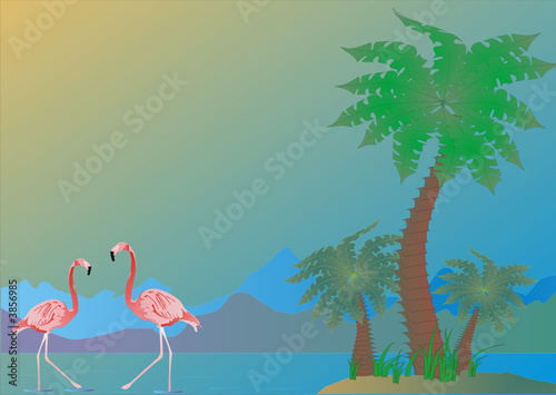 Fotoboard na płycie Ilustracja z zielonymi palmami i czerwonym flamingiem