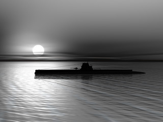 Submarine on a background of a sunset on the sea