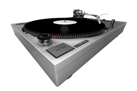 A 3d rendered technics-style turntable, silver body