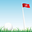 Golf ball with flag and pole of hole number eighteen