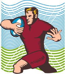 Poster - Rugby player running for a try woodcut style