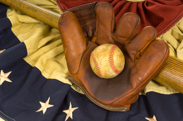 Vintage Baseball Equipment on a stars and stripes background