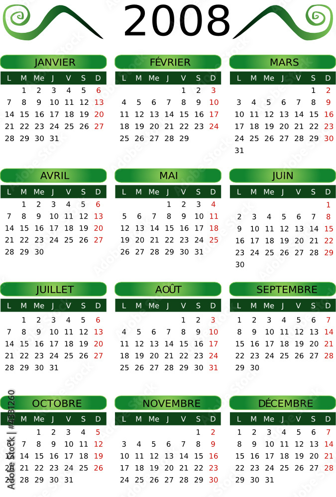 Calendrier 2008 vert en français Stock Vector | Adobe Stock