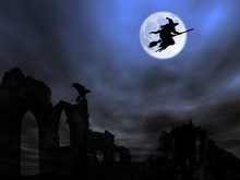 Halloween Theme: Witch Flying Over The Old Ruin Against The Moon