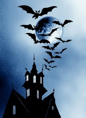 Wall Mural - Halloween. Night. Moon, castle and bats.