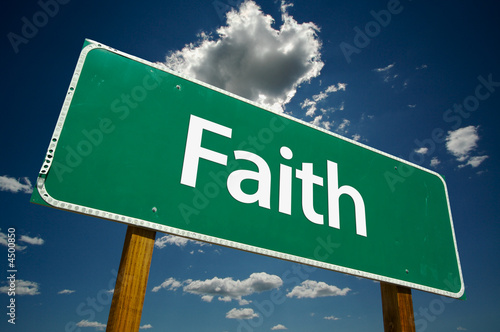 Fotografie, Tablou "Faith" Road Sign with dramatic clouds and sky.