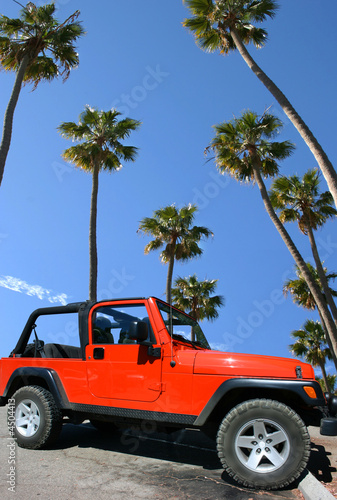 Naklejka dekoracyjna Red car palm trees and blue sky