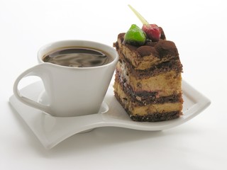 cup of coffee and tasty chocolate cake