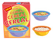 breakfast cereal box, bowl and porridge 