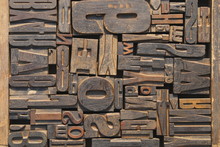 Box Of Old Wooden Printing Blocks With Different Sized Letters