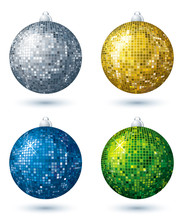 Four Christmas Disco  Ball Over White Background, Vector