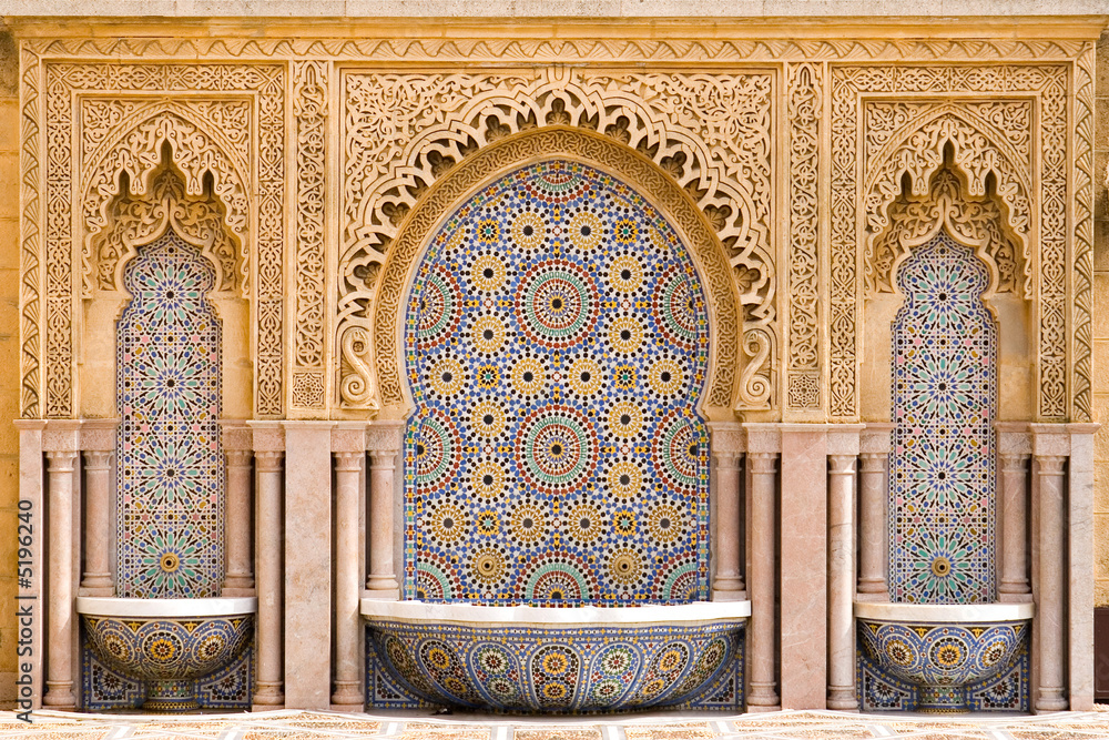 Typical moroccan tiled fountain in the city of Rabat, near the H - obrazy, fototapety, plakaty 