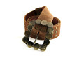 brown leather belt with coins on its buckle