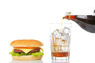 Canvas Print - Cheeseburger and glass of soda, reflected on white background