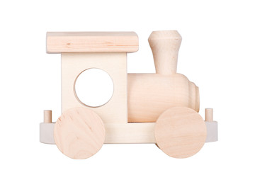 Wooden locomotive toy on white background. A toy.