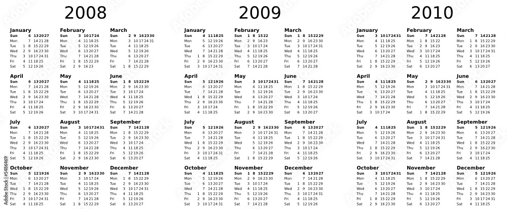 Multiyear Calendar (2008-2009-2010) vector ENGLISH Stock