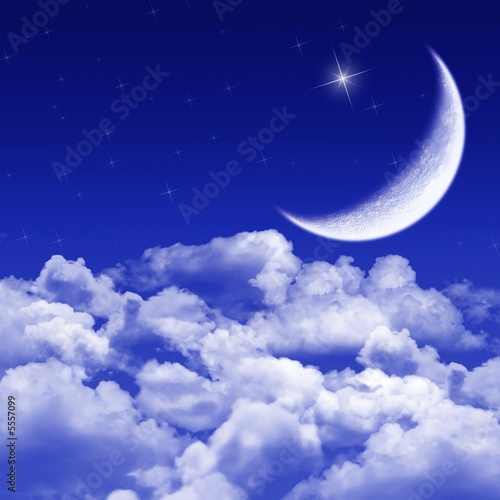 Foto-Doppelrollo - New moon and stars shining above blue clouds (von Ioana Davies (Drutu))