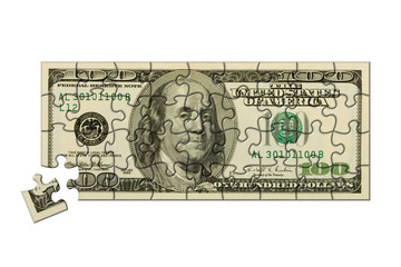 Sticker - Banknote 100 dollars puzzle, isolated on white background