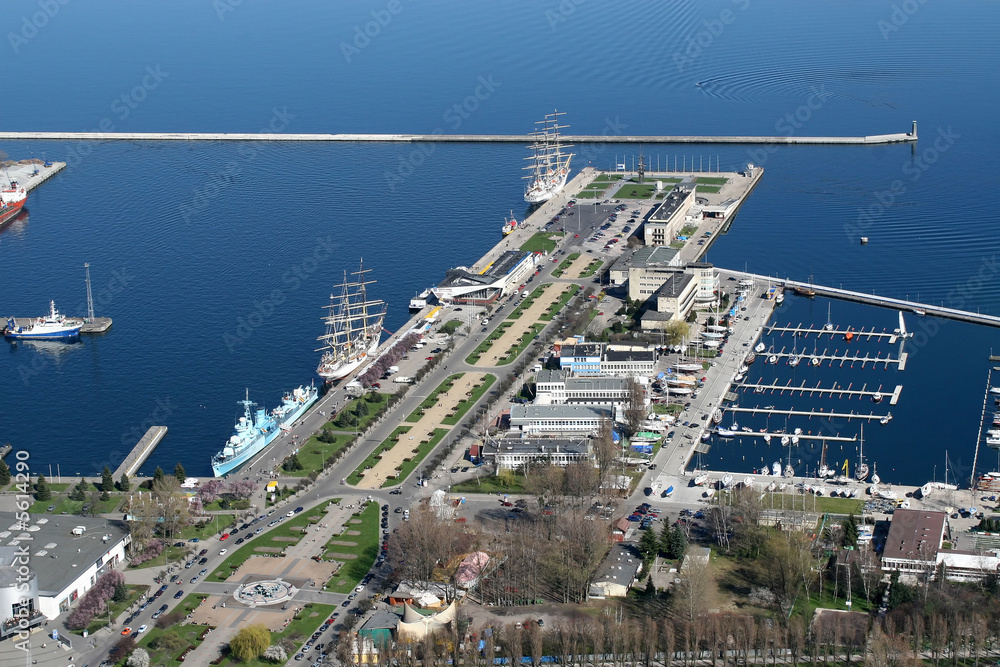 view on gdynia city port from the plane - obrazy, fototapety, plakaty 