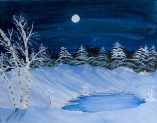 Painting of cold looking winter scene on a moonlit night