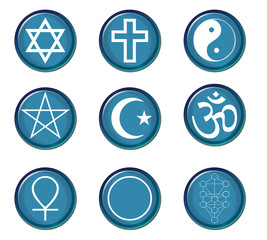 A collection of religious symbol buttons in blue