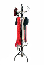 Vintage Coat Rack With Winter Hats And Scarves.  