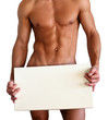 © Vladimir Wrangel - Naked muscular man covering with a box isolated on white
