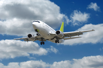 Wall Mural - Airliner flying in a blue and cloudy sky.