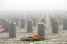 Headstones Within A Military Cemetery On A Misty Winter's Day
