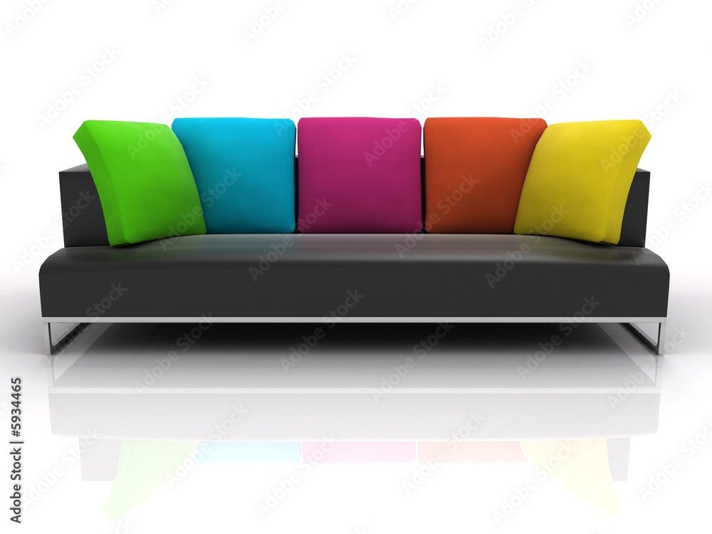 Black sofa with colour pillows on white background  - obrazy, fototapety, plakaty 