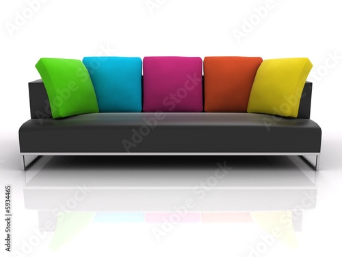 Fotografie, Obraz Black sofa with colour pillows on white background