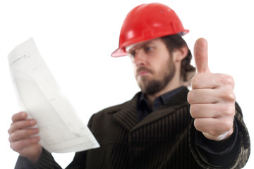 An image of worker in a red helmet