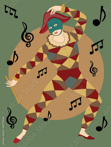 Fototapeta na wymiar Musical masked man with flute dancing notes poster style