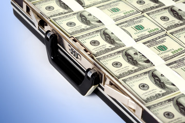Poster - Million dollars packing a suitcase on a blue background