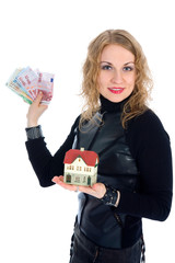 Wall Mural - Business woman advertises real estate on isolated background