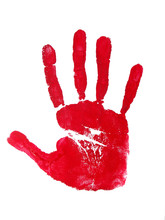 Image Of A Print Of A Red Hand On A White Background.