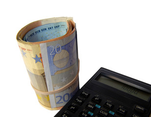 Calculator with Euros / Euro money banknotes