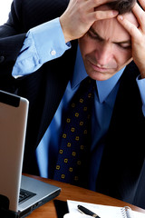 Poster - business man  working with laptop. Over white background.