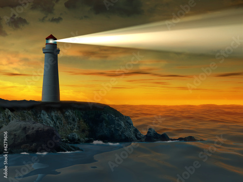 Foto-Duschvorhang - Guiding beacon from a lighthouse. Digital illustration. (von Andrea Danti)