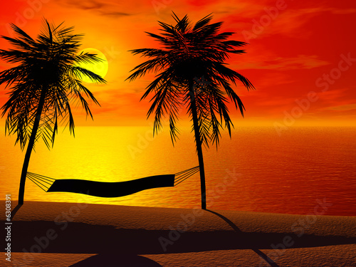 Plakat na papierze fotorealistycznym Silhoutte z hamaku między dwoma palmami w zachodzie słońca.