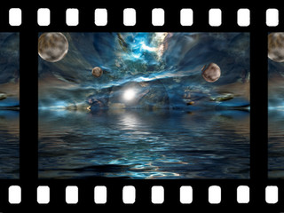 unreal universe on film with ocean, sea, space and planet.