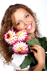 Canvas Print - Smiling woman face with flowers. Close up.