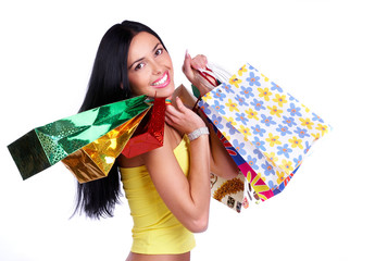 Sticker - Shopping  women smiling. Isolated over white background.